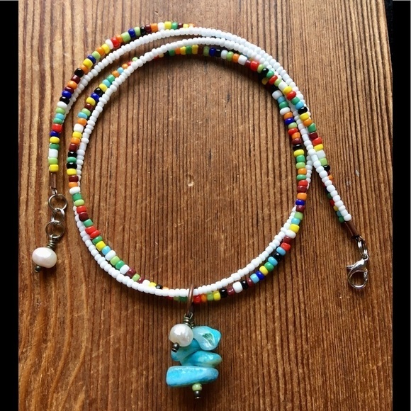 Ladies Double Strand Beaded Necklace, White/Multi-Color Handmade Ladies Necklace - Picture 3 of 9